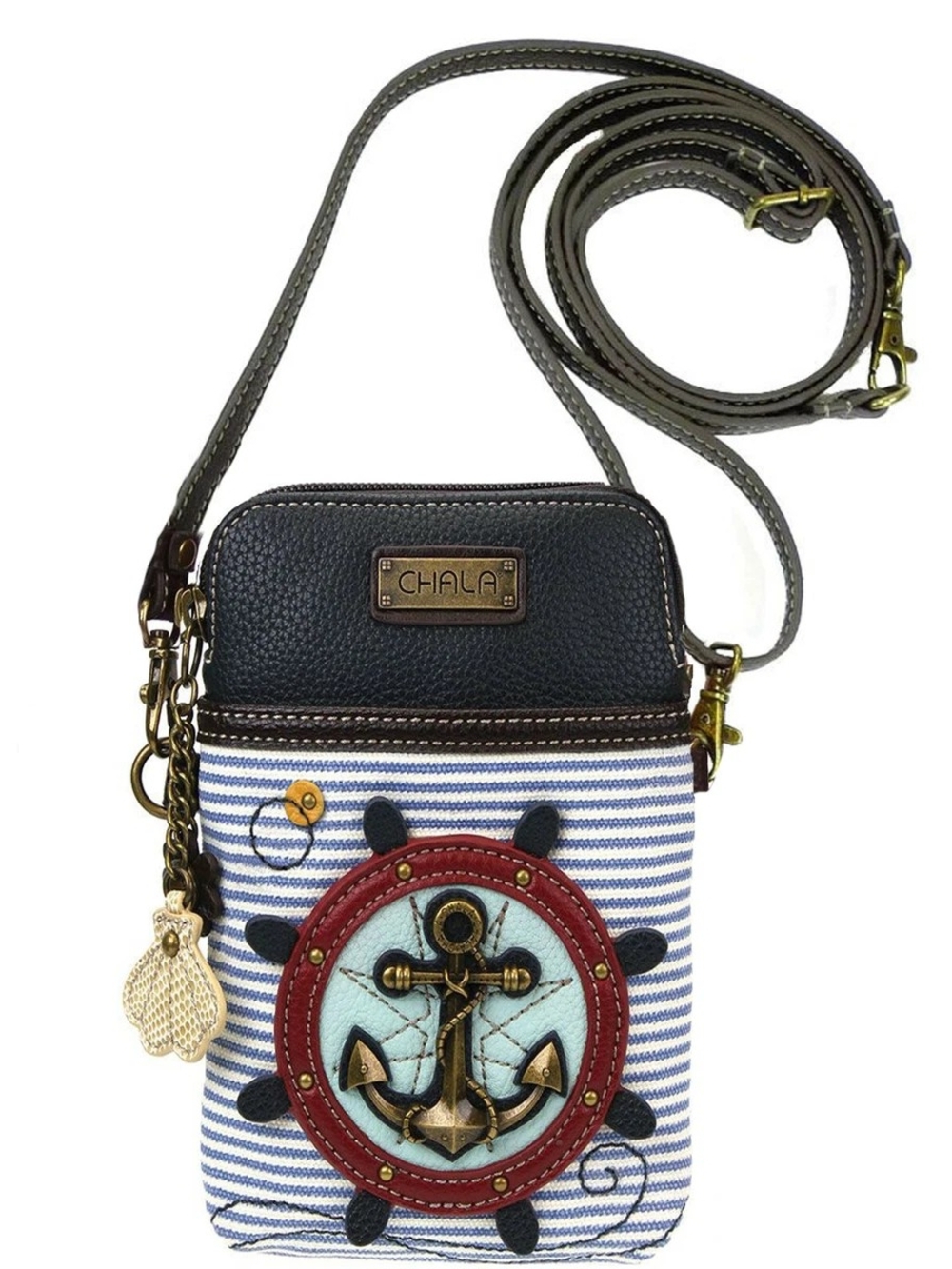 Chala Nautical Navy, Red & White Anchor Stripe Crossbody Phone Bag